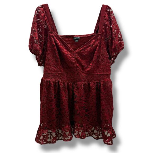 Torrid Women's Dark Red Babydoll Lace Puff Sleeve Top Size 0 L 12 - Picture 4 of 7